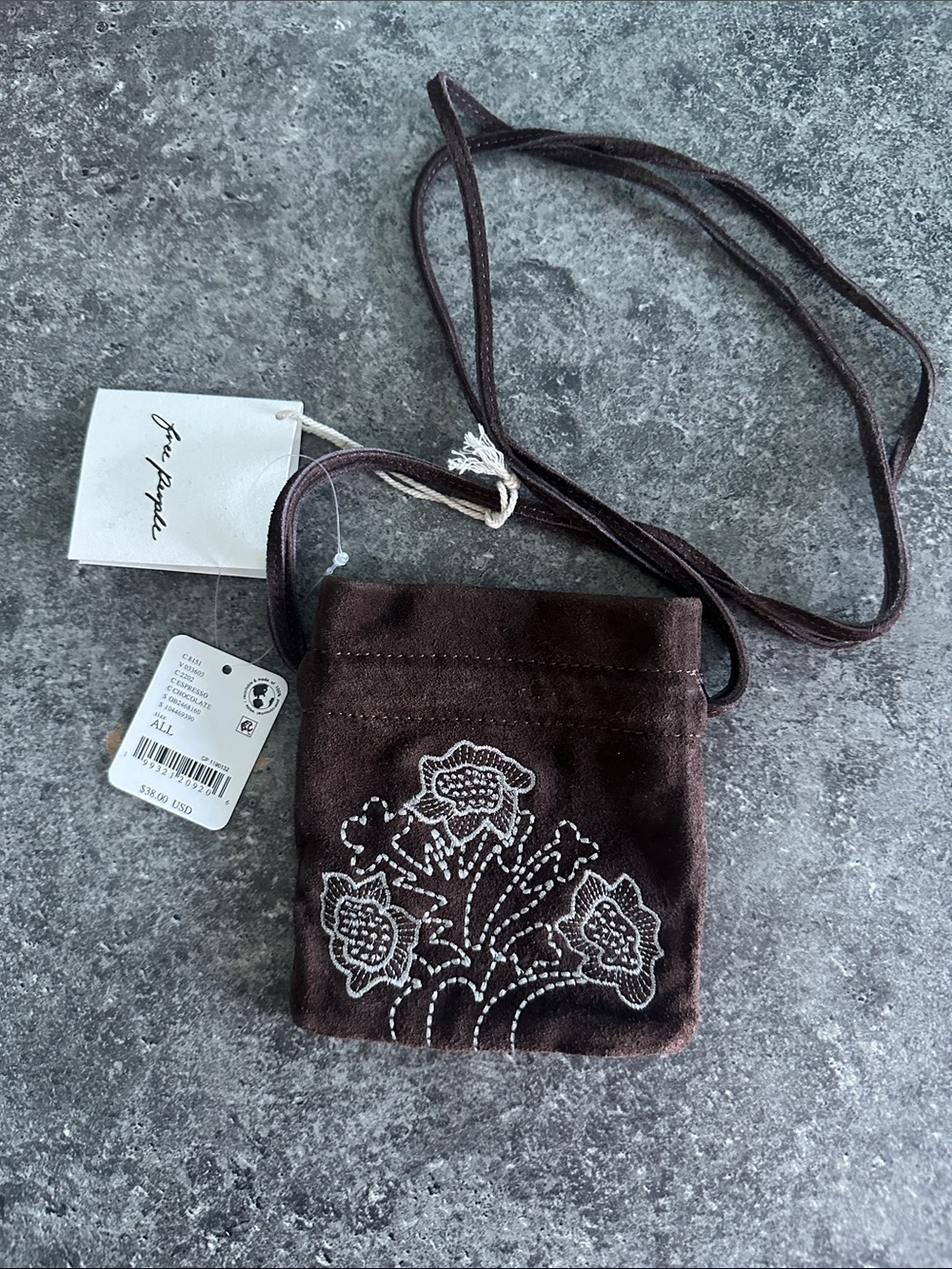 Free People Dark Brown Mini Crossbody with White Floral Embroidery